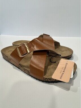 Elizabeth & Nicole NWT Women’s Brown Cross Strap Slide Sandals Cork Footbed 11